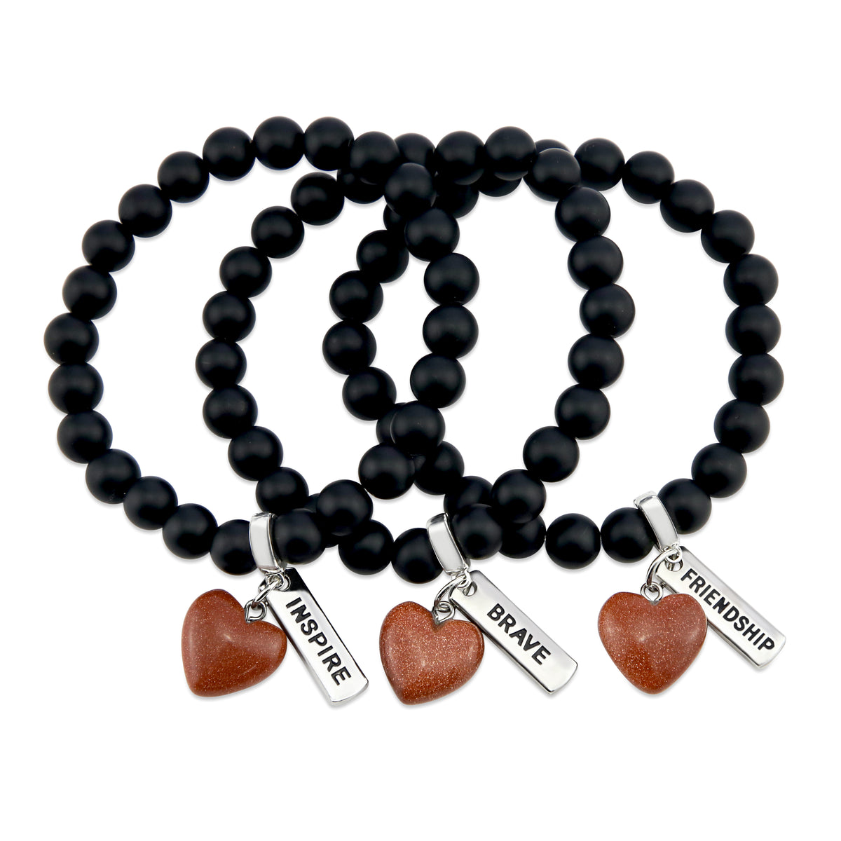 Matt black onyx stone bead bracelet with copper sparkle sandstone heart charm and inspiring word charms in silver.