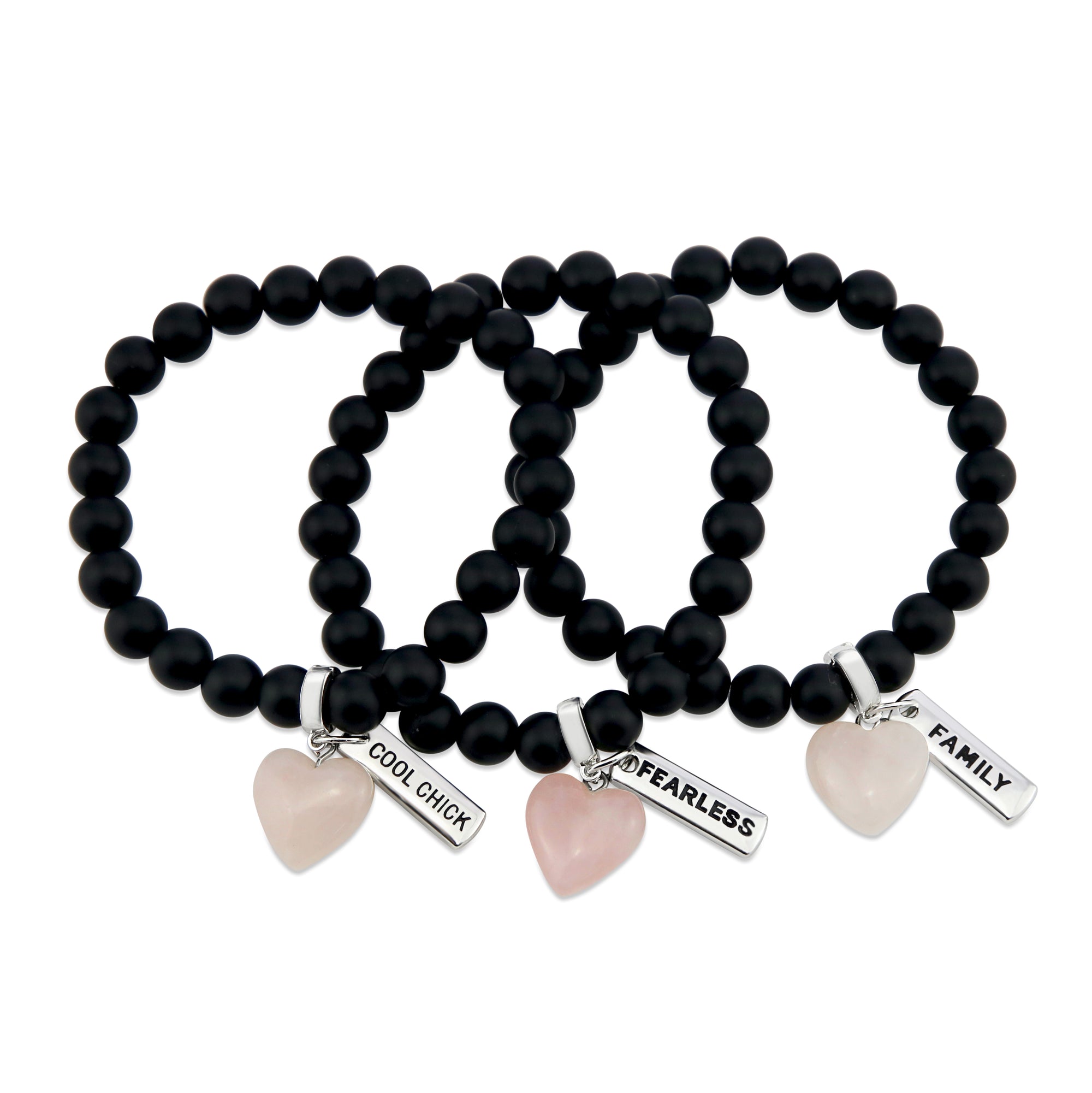 Matt black onyx stone bead bracelet with rose quart6z stone heart pendnat charm and silver inspiring word charms. 