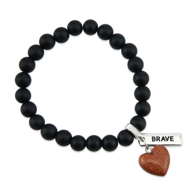 Matt black onyx stone bead bracelet with copper sparkle sandstone heart charm and inspiring word charms in silver.