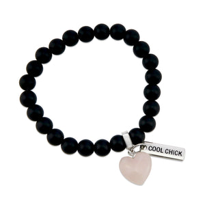 Matt black onyx stone bead bracelet with rose quart6z stone heart pendnat charm and silver inspiring word charms. 