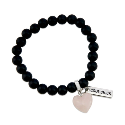 Matt black onyx stone bead bracelet with rose quart6z stone heart pendnat charm and silver inspiring word charms.