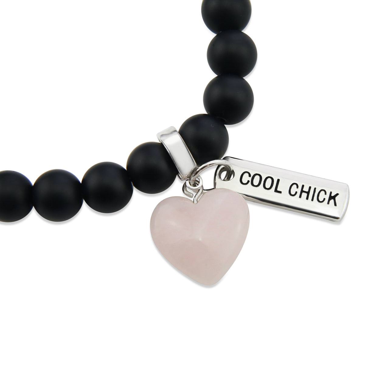 Matt black onyx stone bead bracelet with rose quart6z stone heart pendnat charm and silver inspiring word charms. 