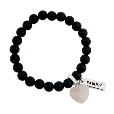 Matt black onyx stone bead bracelet with rose quart6z stone heart pendnat charm and silver inspiring word charms.