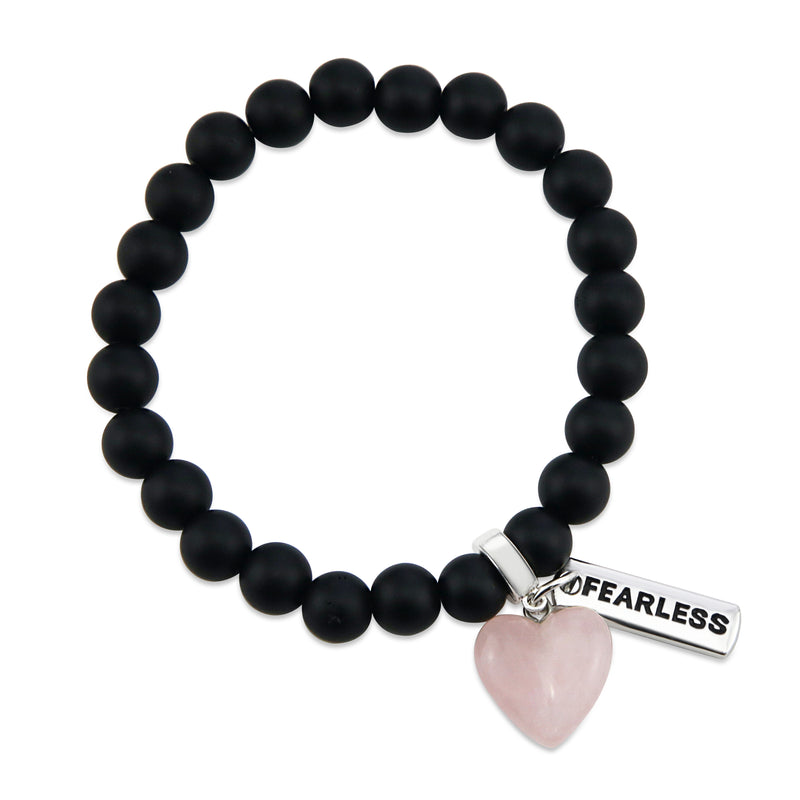 Matt black onyx stone bead bracelet with rose quart6z stone heart pendnat charm and silver inspiring word charms. 