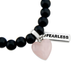 Matt black onyx stone bead bracelet with rose quart6z stone heart pendnat charm and silver inspiring word charms. 