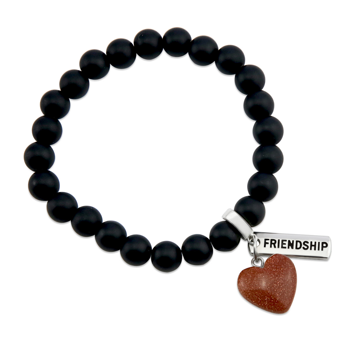 Matt black onyx stone bead bracelet with copper sparkle sandstone heart charm and inspiring word charms in silver.