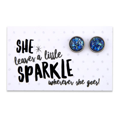 SPARKLEFEST - She Leaves a Little Sparkle - Stainless Steel Vintage Silver Earrings - Midnight Aqua Leaf (8509-F)