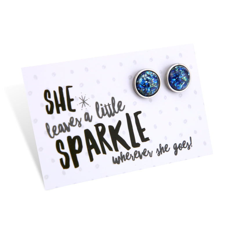 SPARKLEFEST - She Leaves a Little Sparkle - Stainless Steel Vintage Silver Earrings - Midnight Aqua Leaf (8509-F)
