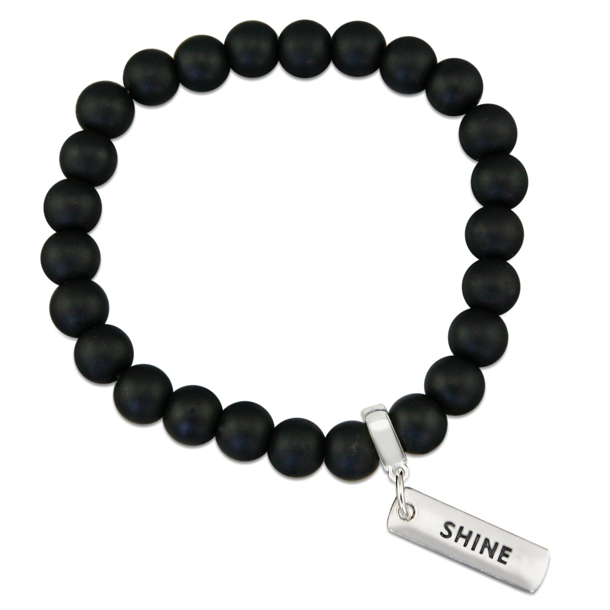 Black onyx stone bead bracelet with silver meaningful charm. 