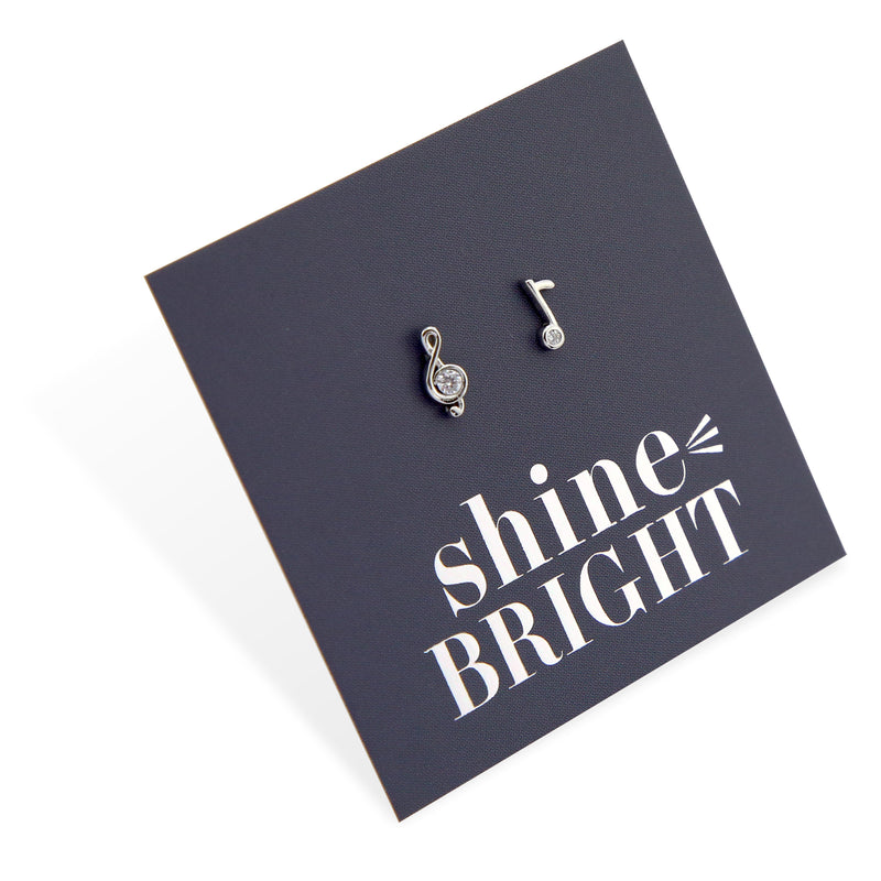 Sterling silver 925 music notes and treble clef  earring studs on shine bright card. 