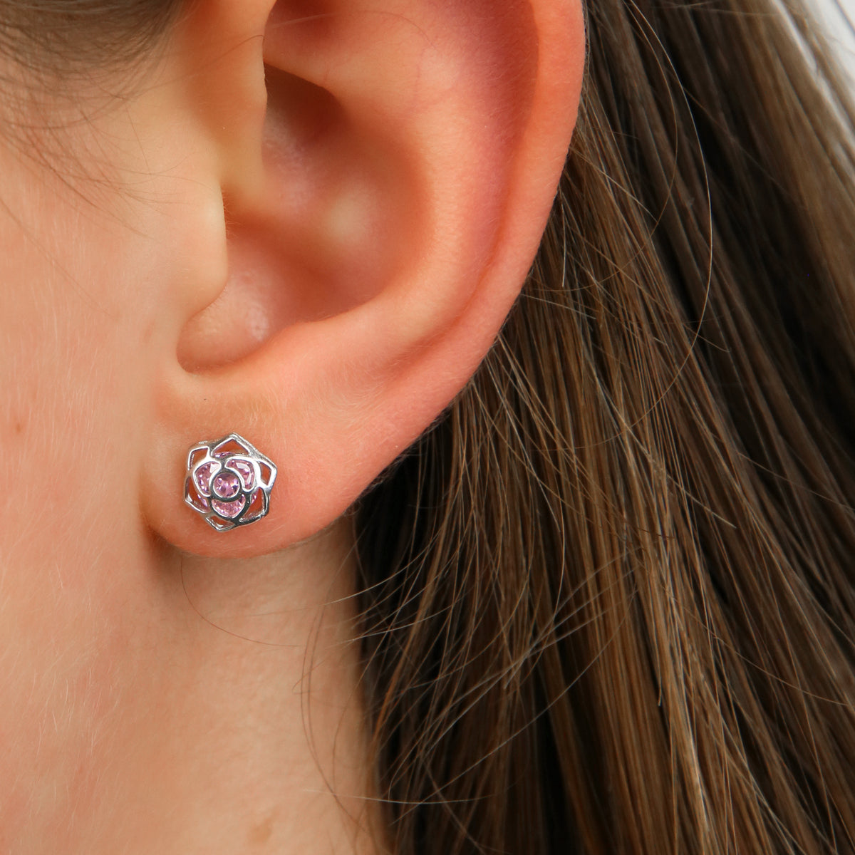 Rose Shaped Stud - Sterling Silver Studs + soft pink CZ crystal - Be Brave Beautiful (8814-F)