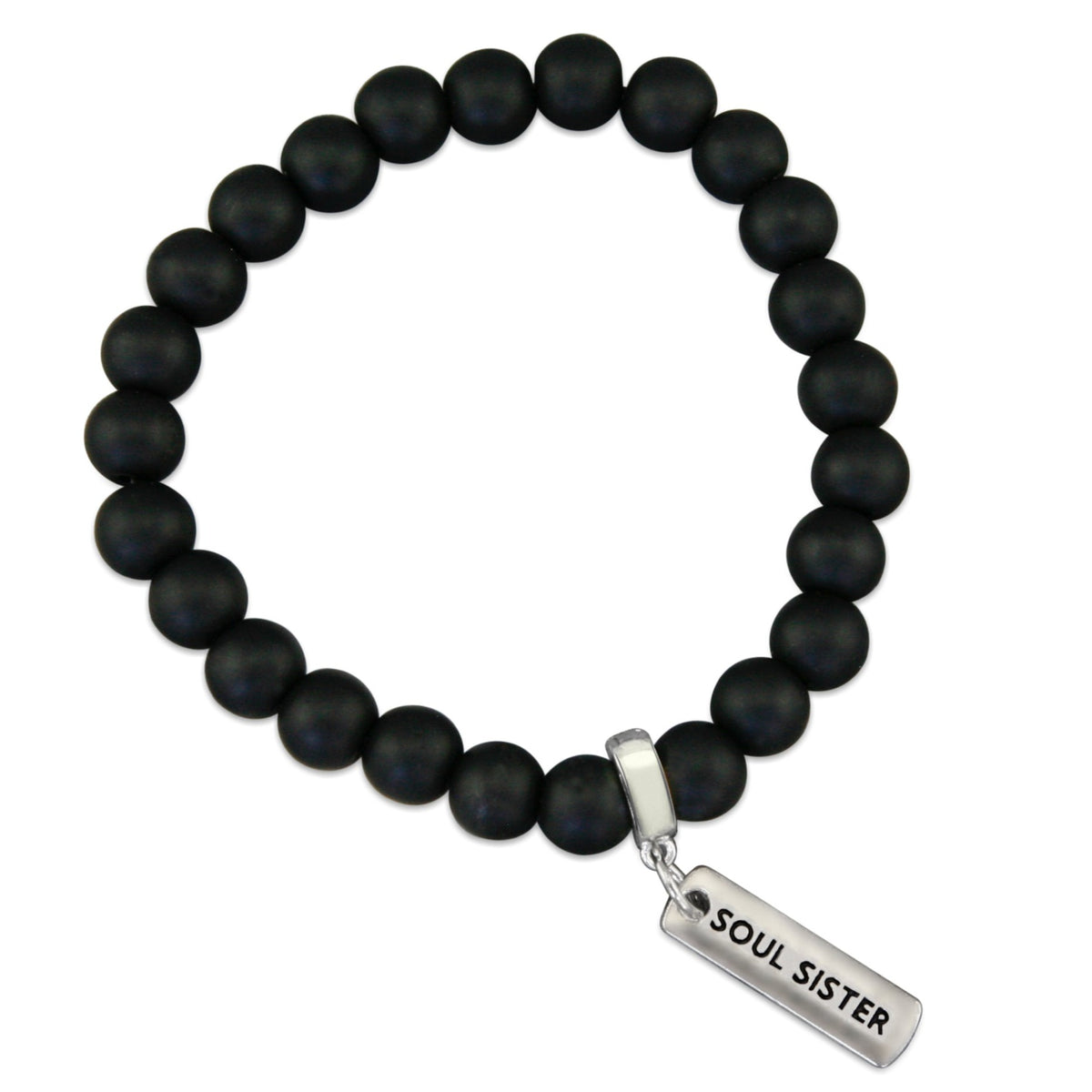 Black onyx stone bead bracelet with silver meaningful charm. 