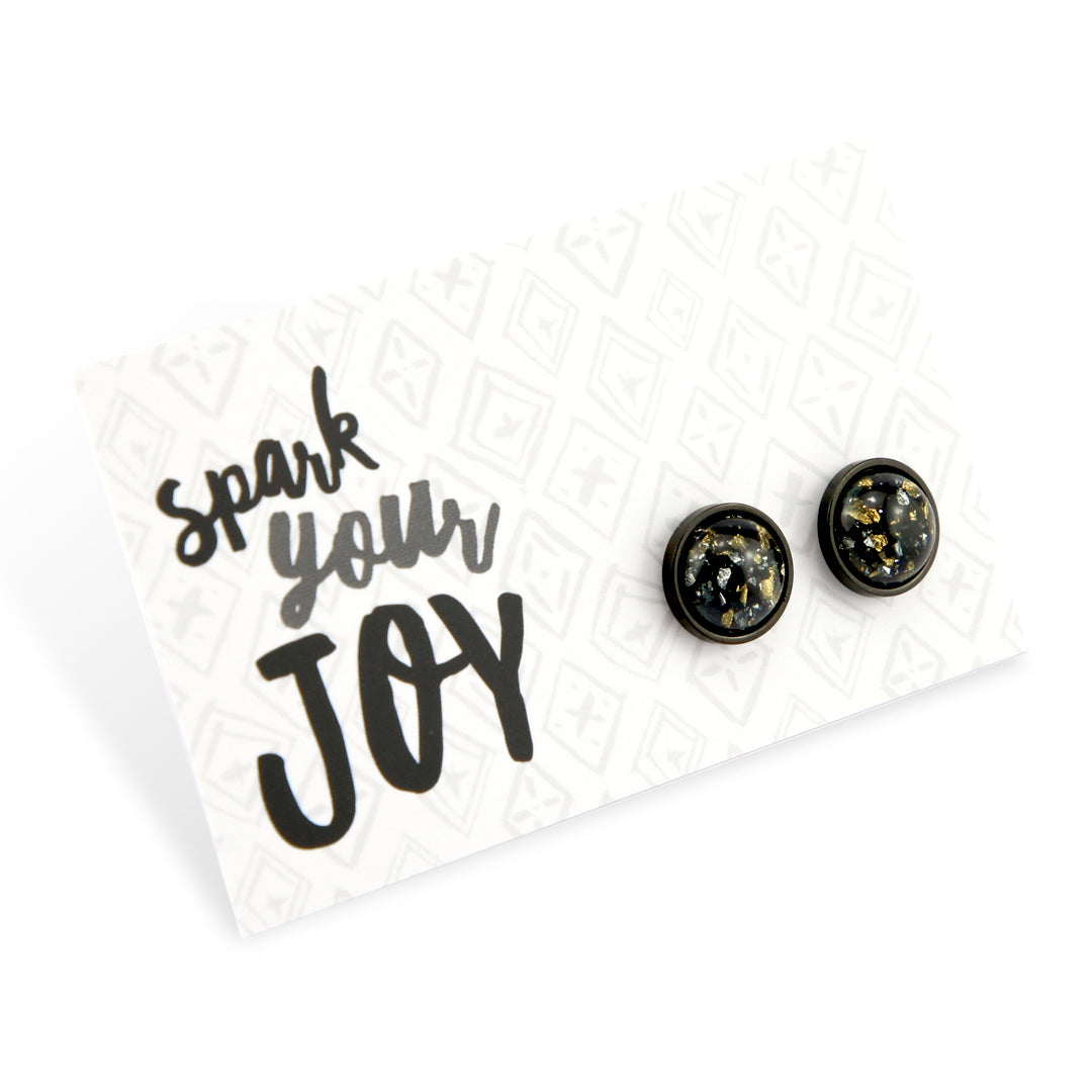 SPARKLEFEST - Spark Your Joy - Stainless Steel Black Earrings - Black & Gold Galaxy Resin (11761)
