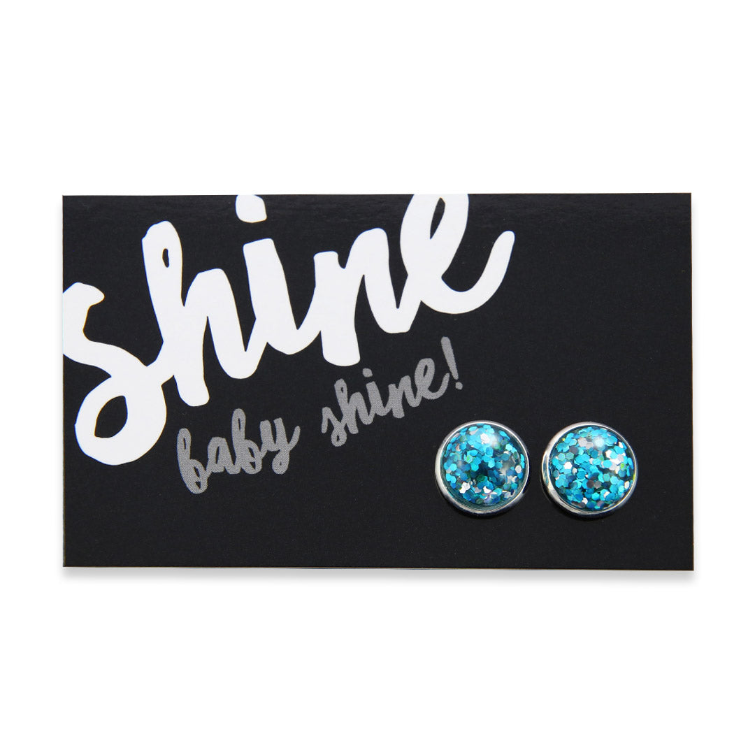 SPARKLEFEST - Shine Baby Shine! - Glitter Resin Earrings set in Bright Silver - Aqua & Silver (9505)