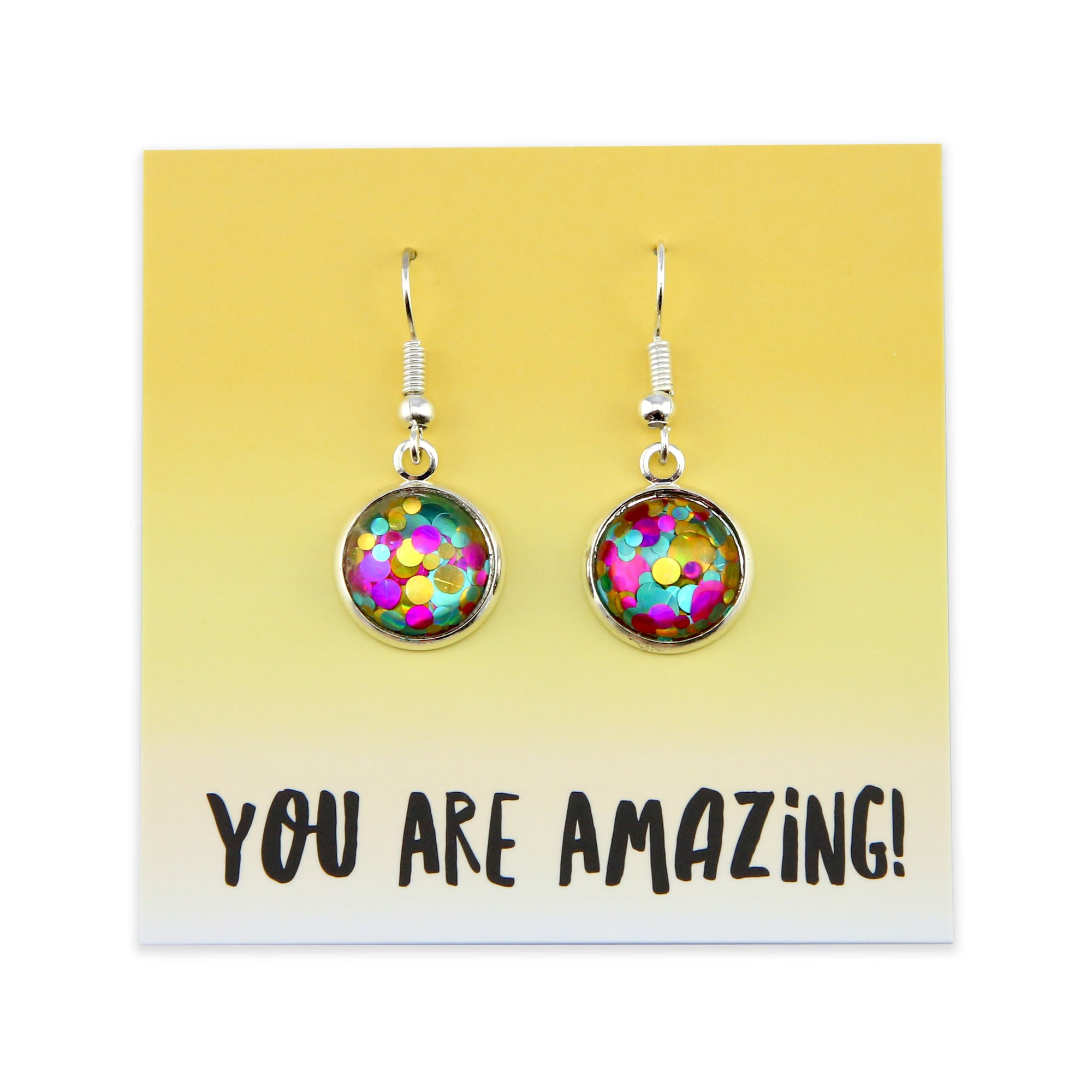 SPARKLEFEST - You Are Amazing - Stainless Steel Bright Silver Dangles - Big Glitter Aqua, Pink & Gold (12125)