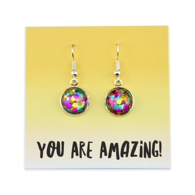 SPARKLEFEST - You Are Amazing - Stainless Steel Bright Silver Dangles - Big Glitter Aqua, Pink & Gold (9207)