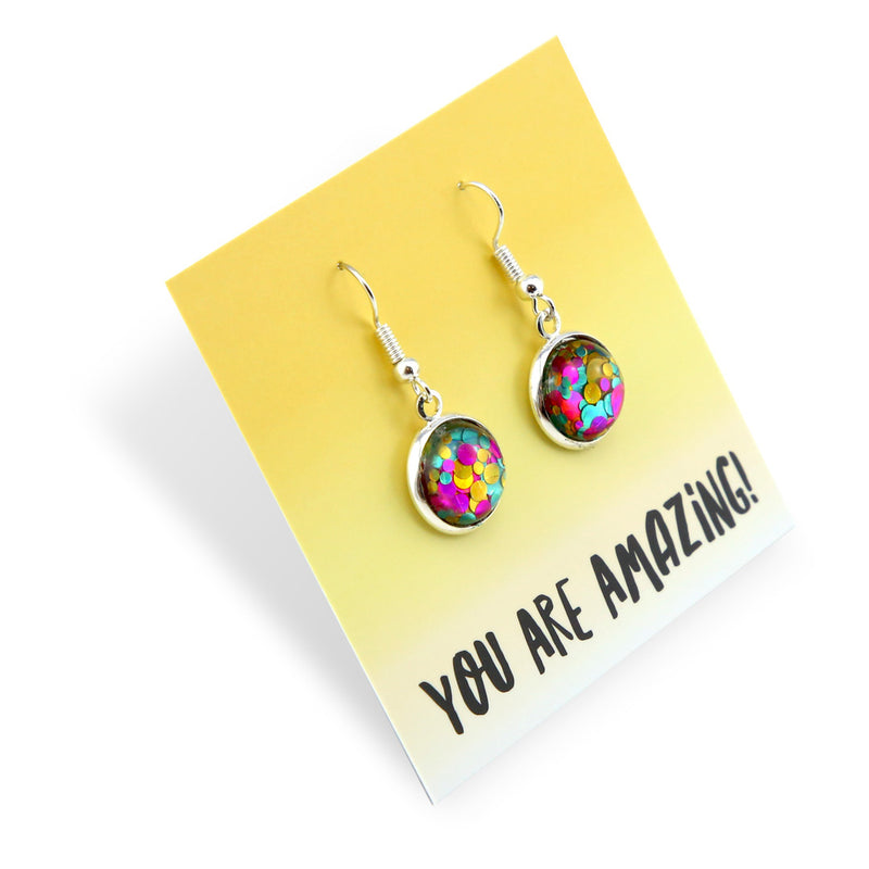 SPARKLEFEST - You Are Amazing - Stainless Steel Bright Silver Dangles - Big Glitter Aqua, Pink & Gold (12125)