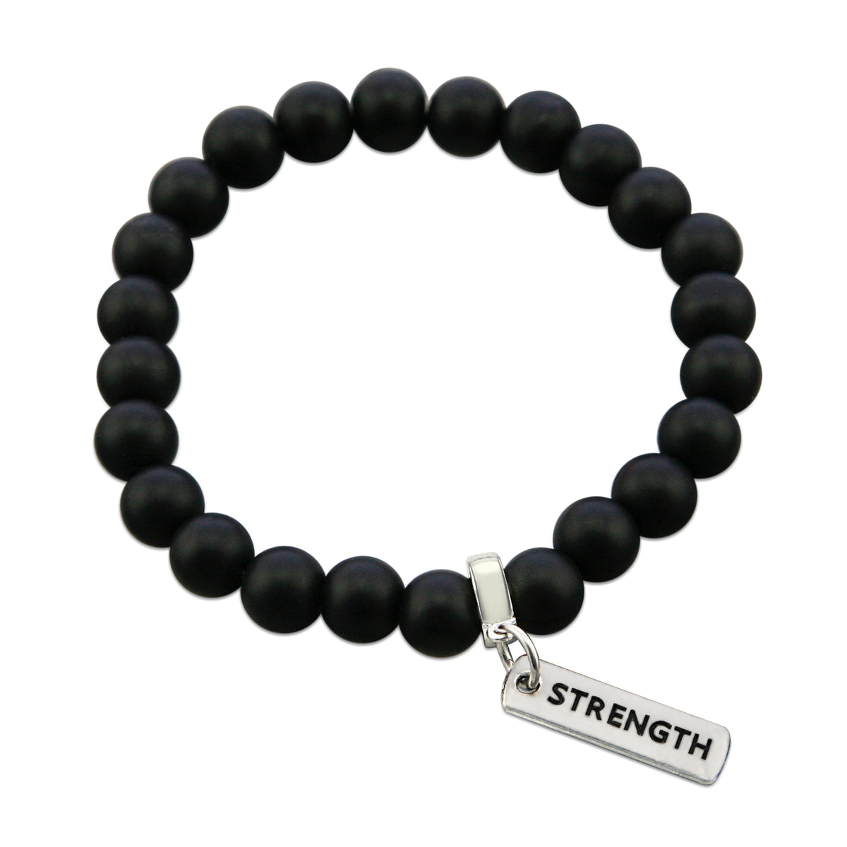 Black onyx stone bead bracelet with silver meaningful charm. 