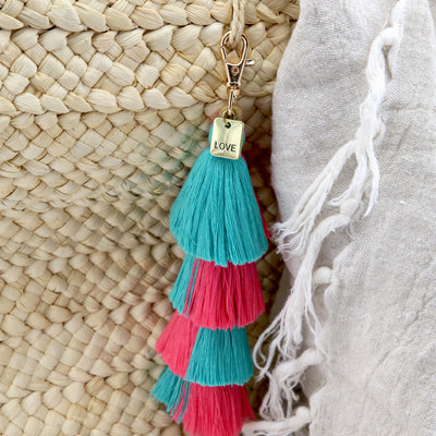 Deluxe Tassel Keyring / Vintage Gold Bag Accessory 'Love' pink turquoise BRIGHT