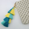Deluxe Tassel Keyring / Vintage Gold Bag Accessory 'You Got This' HAPPY yellow aqua blue turquoise