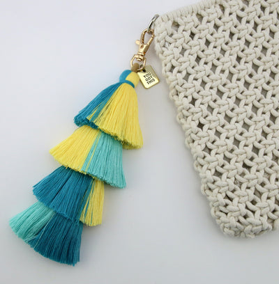 Deluxe Tassel Keyring / Vintage Gold Bag Accessory 'You Got This' HAPPY yellow aqua blue turquoise