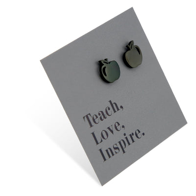Black Stainless Steel Apple Shaped Studs on A foil teach love inspire card.