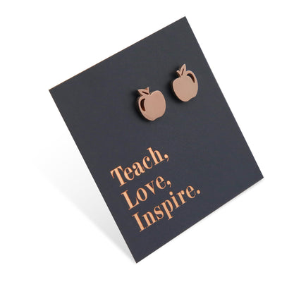 Rose Gold Stainless Steel Apple Shaped Studs on A foil teach love inspire card.