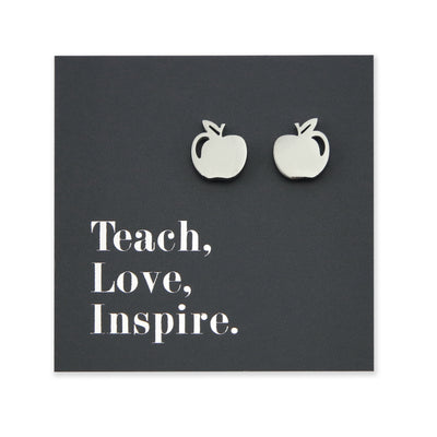 Silver Stainless Steel Apple Shaped Studs on A foil teach love inspire card.