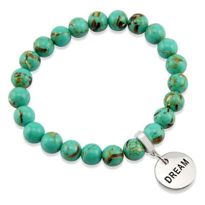 Teal coloured stone bead bracelet with silver meaningful word charm.