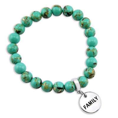 Teal coloured stone bead bracelet with silver meaningful word charm.