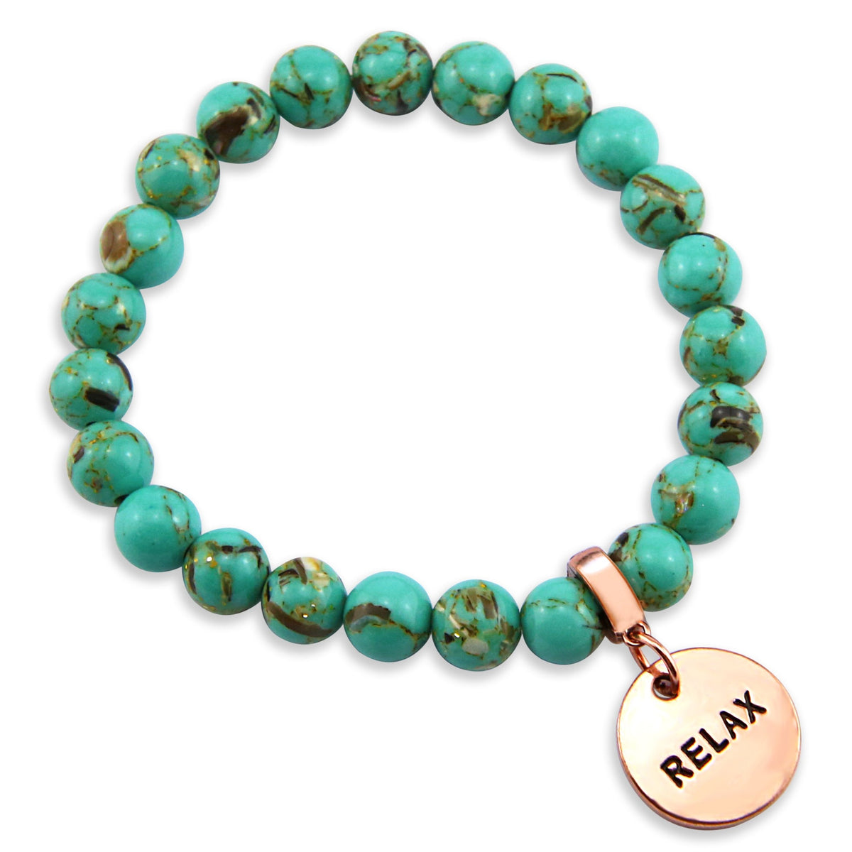 Light teal stone bead bracelet with rose gold meaningful word charm. 