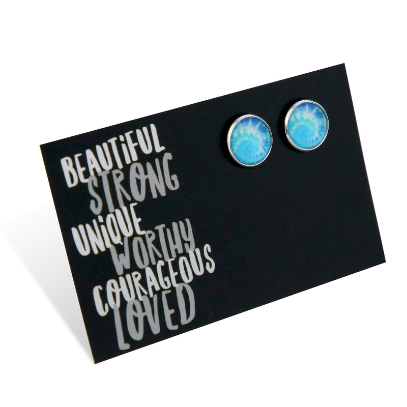 TEAL COLLECTION - Beautiful Strong Unique - Bright Silver 12mm Circle Studs - Tie Dye Swirl (12262)