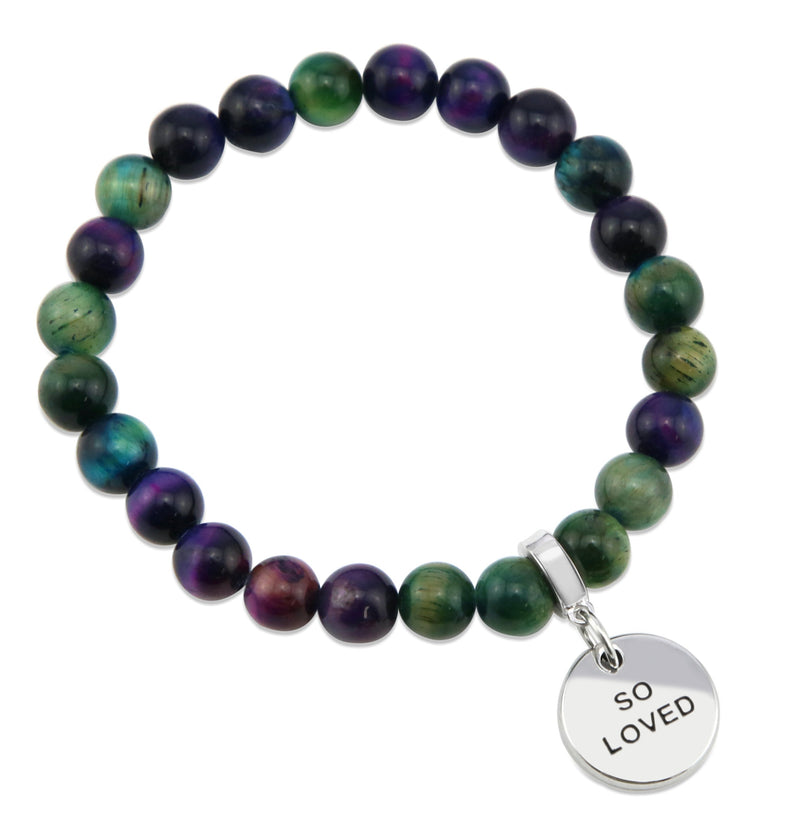 Purple aqua and mint tonesd tigers eye stone beaded bracelet with silver inspiring word charm.
