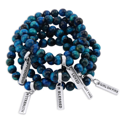 Precious Stone Bracelet - Teal Tigers Eye 8mm Beads - with Silver Word Charms
