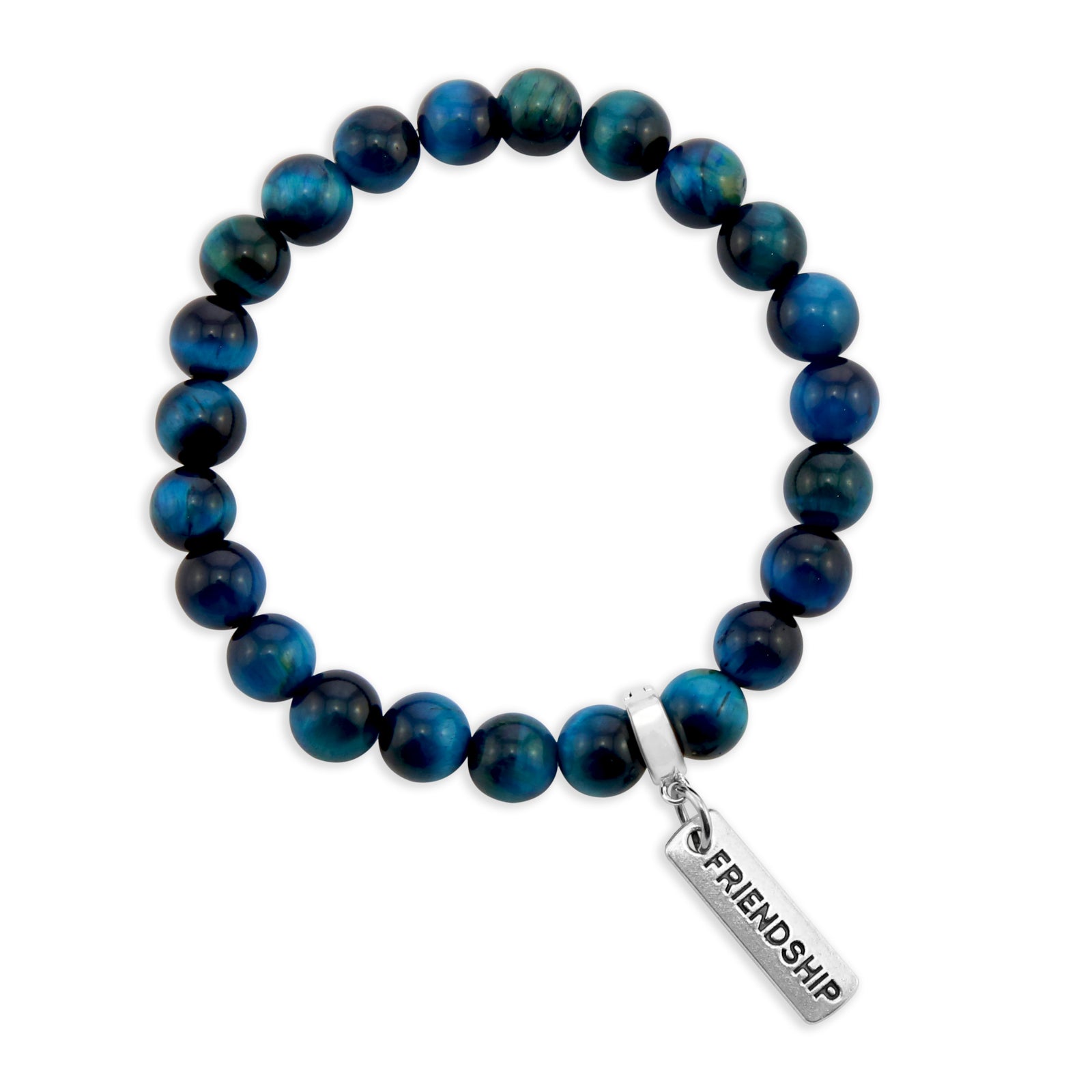 Precious Stone Bracelet - Teal Tigers Eye 8mm Beads - with Silver Word Charms
