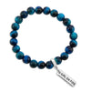 Precious Stone Bracelet - Teal Tigers Eye 8mm Beads - with Silver Word Charms