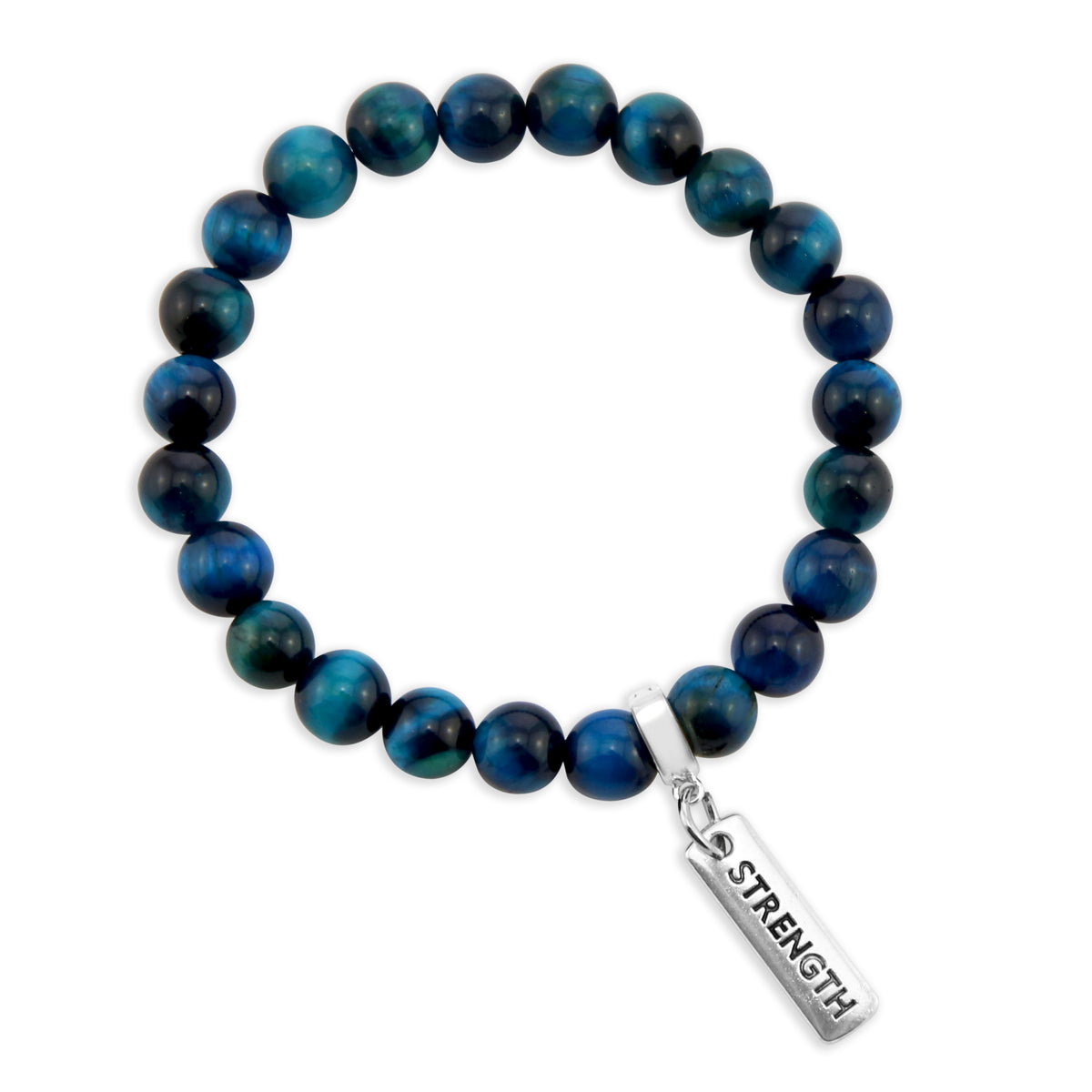 Precious Stone Bracelet - Teal Tigers Eye 8mm Beads - with Silver Word Charms