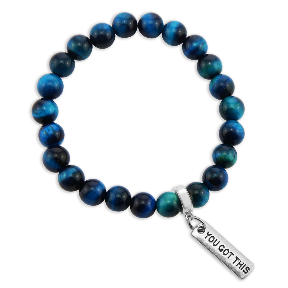 Precious Stone Bracelet - Teal Tigers Eye 8mm Beads - with Silver Word Charms
