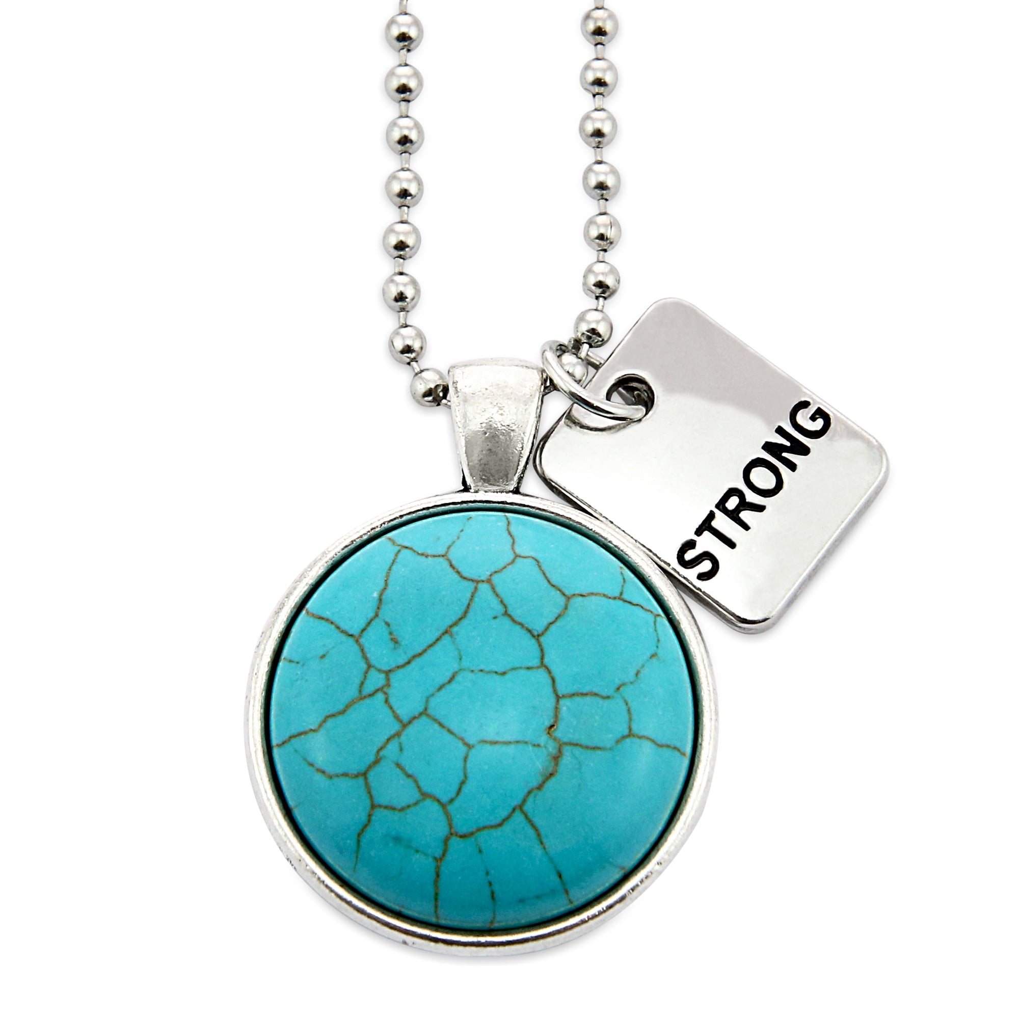 Heart & Soul Collection - Turquoise Stone in Vintage Silver 'STRONG' Necklace (10951)