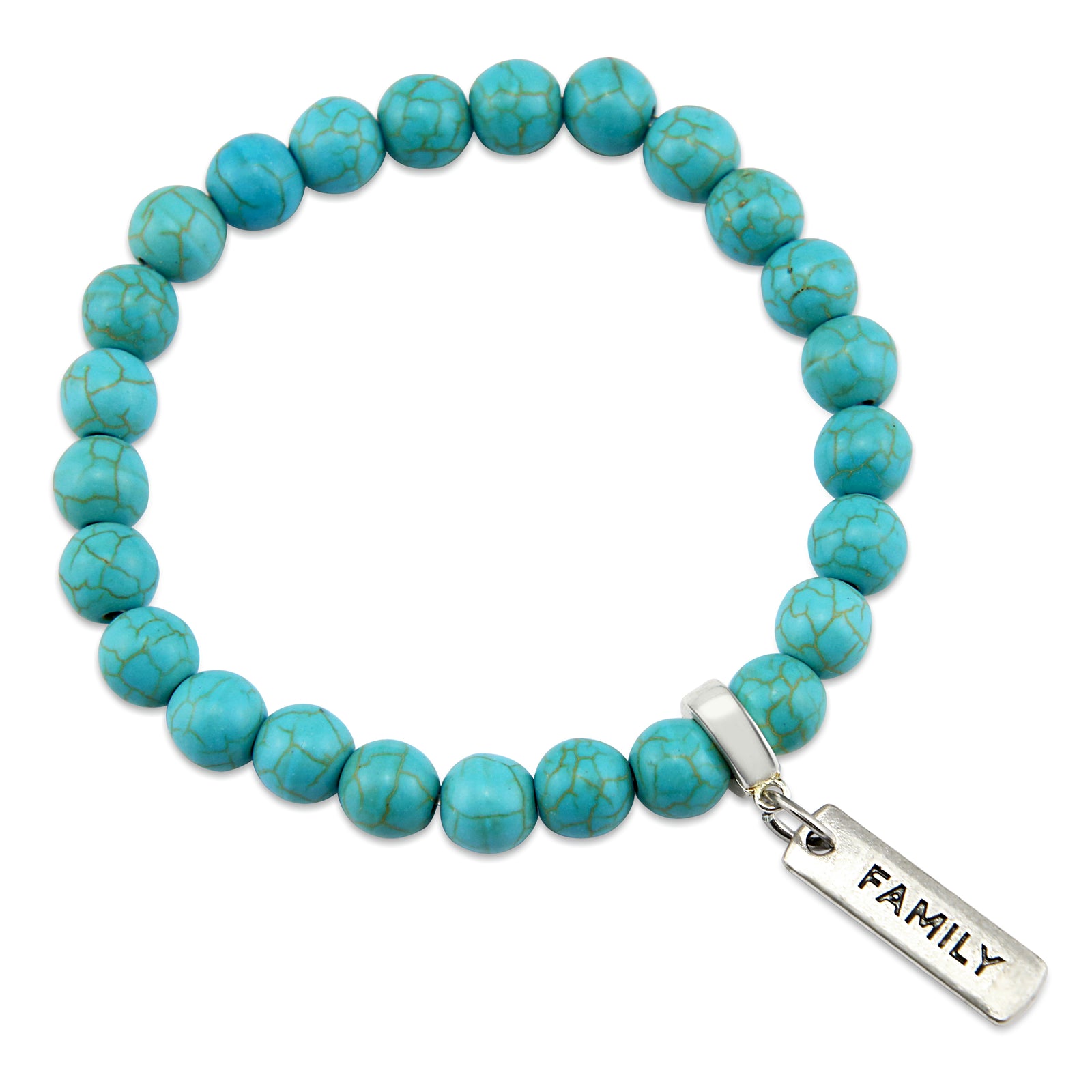 Turquoise beaded necklace with silver inspirational charms on a white background