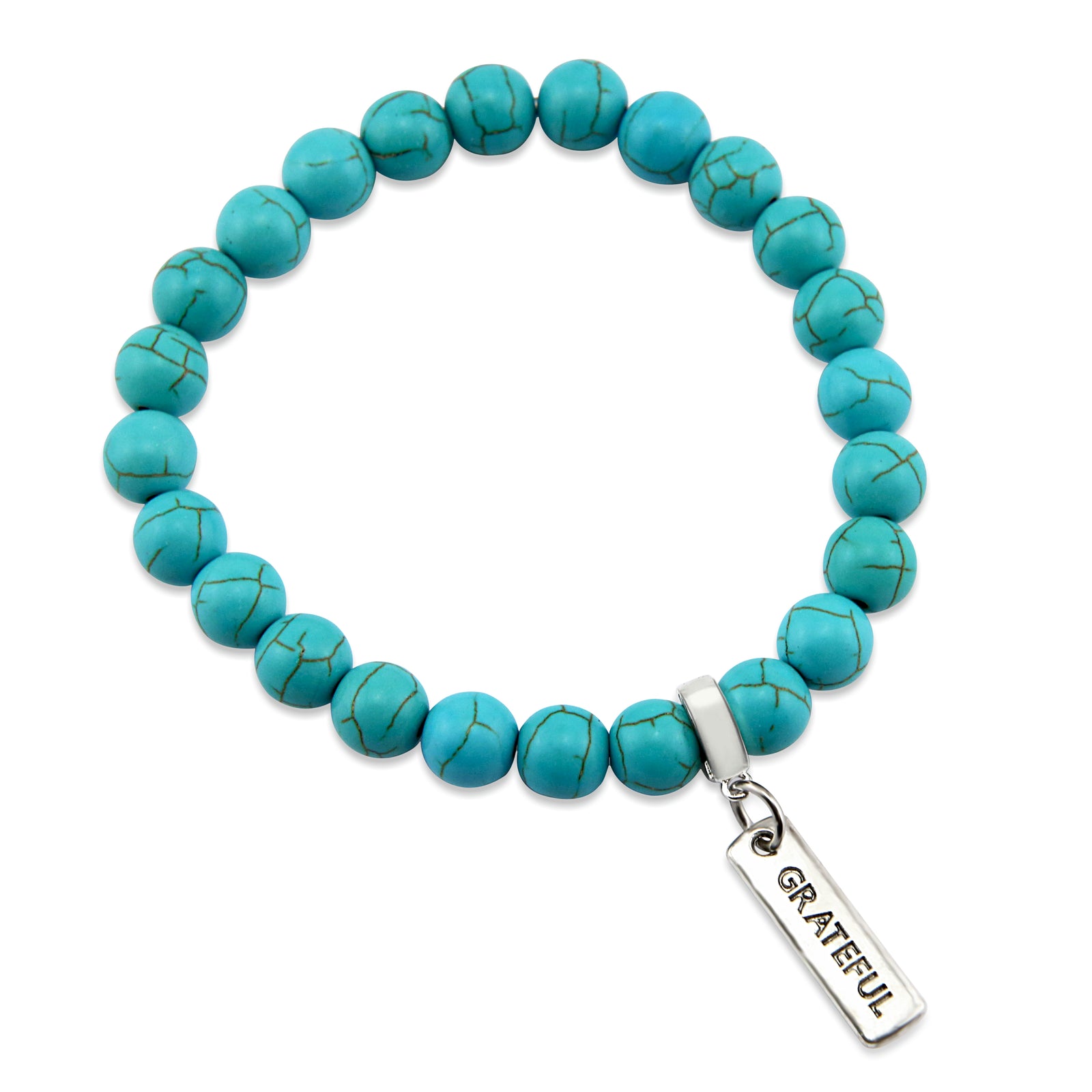 Turquoise beaded necklace with silver inspirational charms on a white background