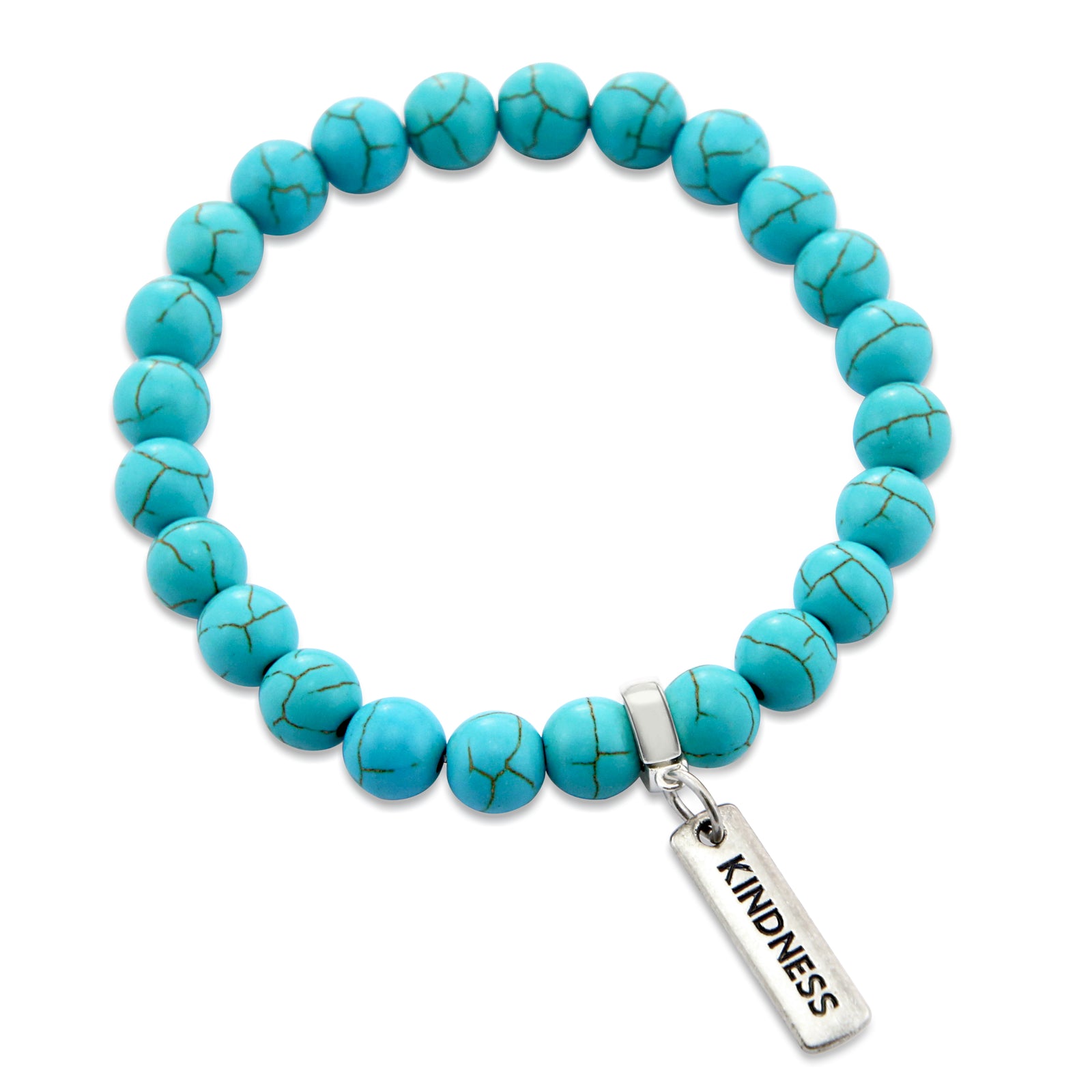 Turquoise beaded necklace with silver inspirational charms on a white background