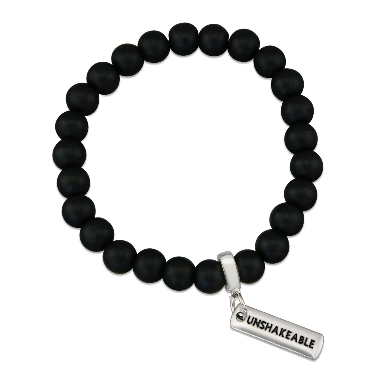 Black onyx stone bead bracelet with silver meaningful charm. 