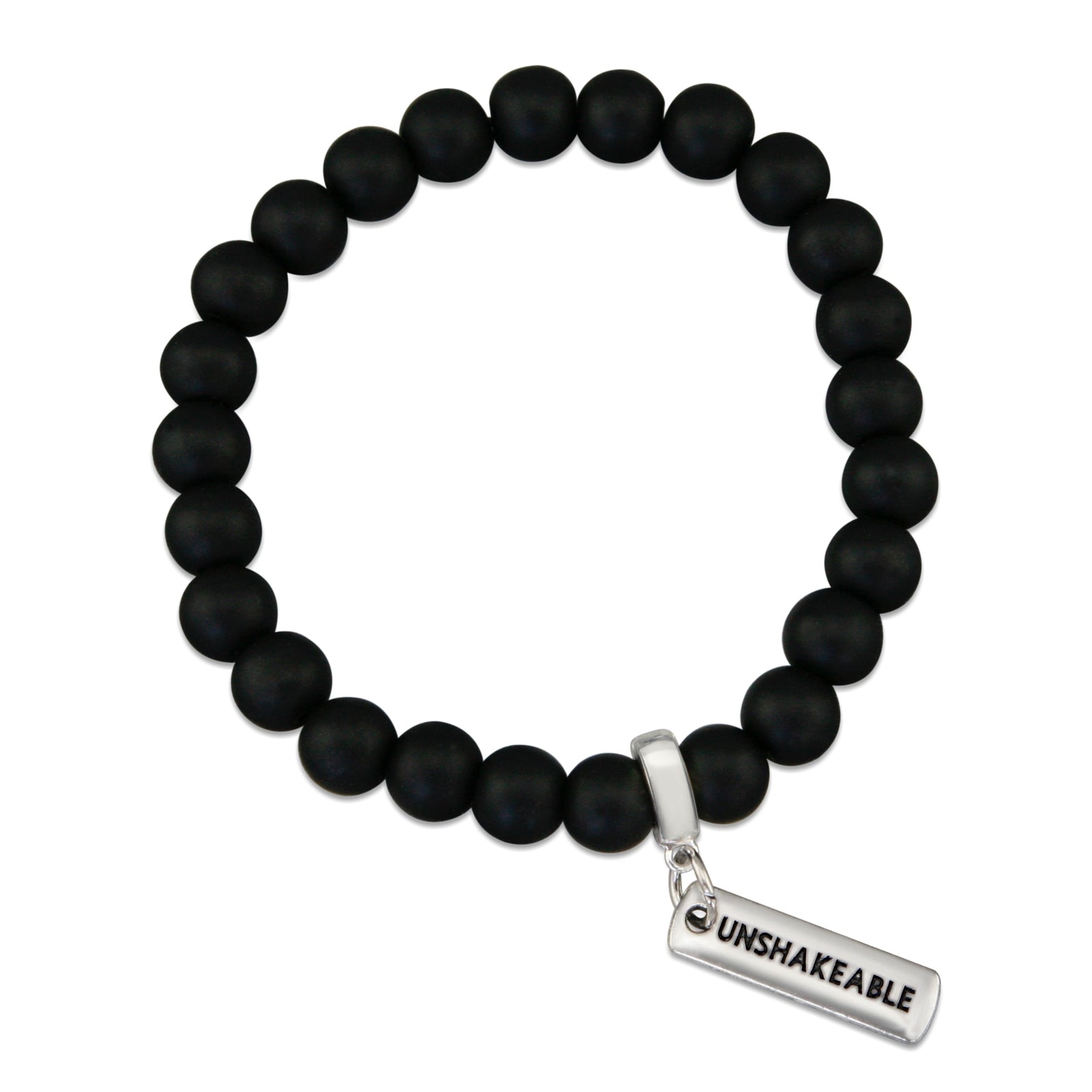 Black onyx stone bead bracelet with silver meaningful charm. 