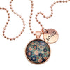 Teal floral print rose gold pendant necklace with grateful charm.