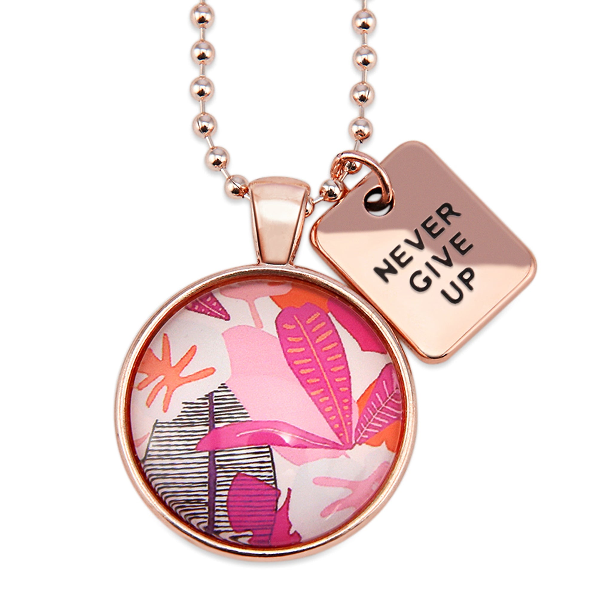 Pink leaf print with rose gold pendant necklace setting and never give up charm. 