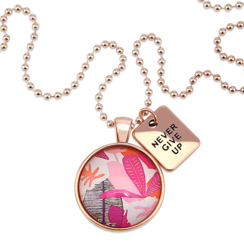 Pink leaf print with rose gold pendant necklace setting and never give up charm. 