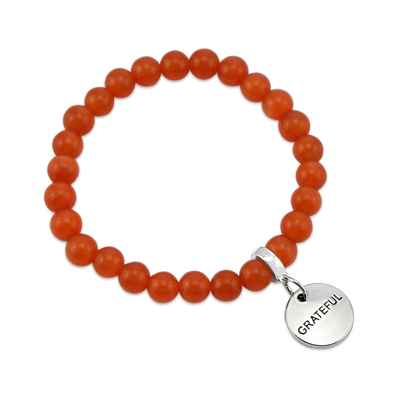 Stone Bracelet - Vivid Orange Agate Stone - 8mm Beads With Silver Word charm