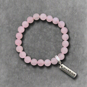 Rose Quartz 8mm stone bracelet with silver warrior word charm and clip. 
