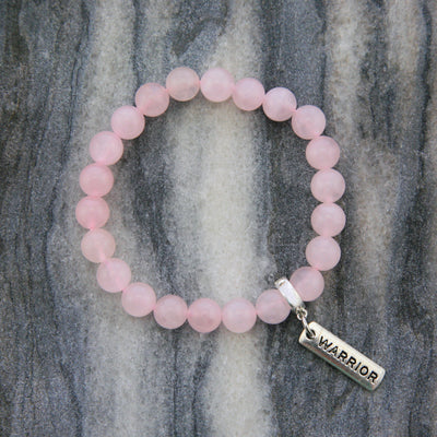Rose Quartz 8mm stone bracelet with silver warrior word charm and clip.
